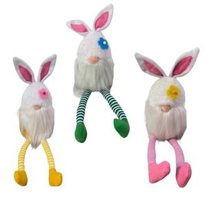 Set of 3 Plush Easter Bunny with Long Legs Gnomes Pink Green & Yellow Decor